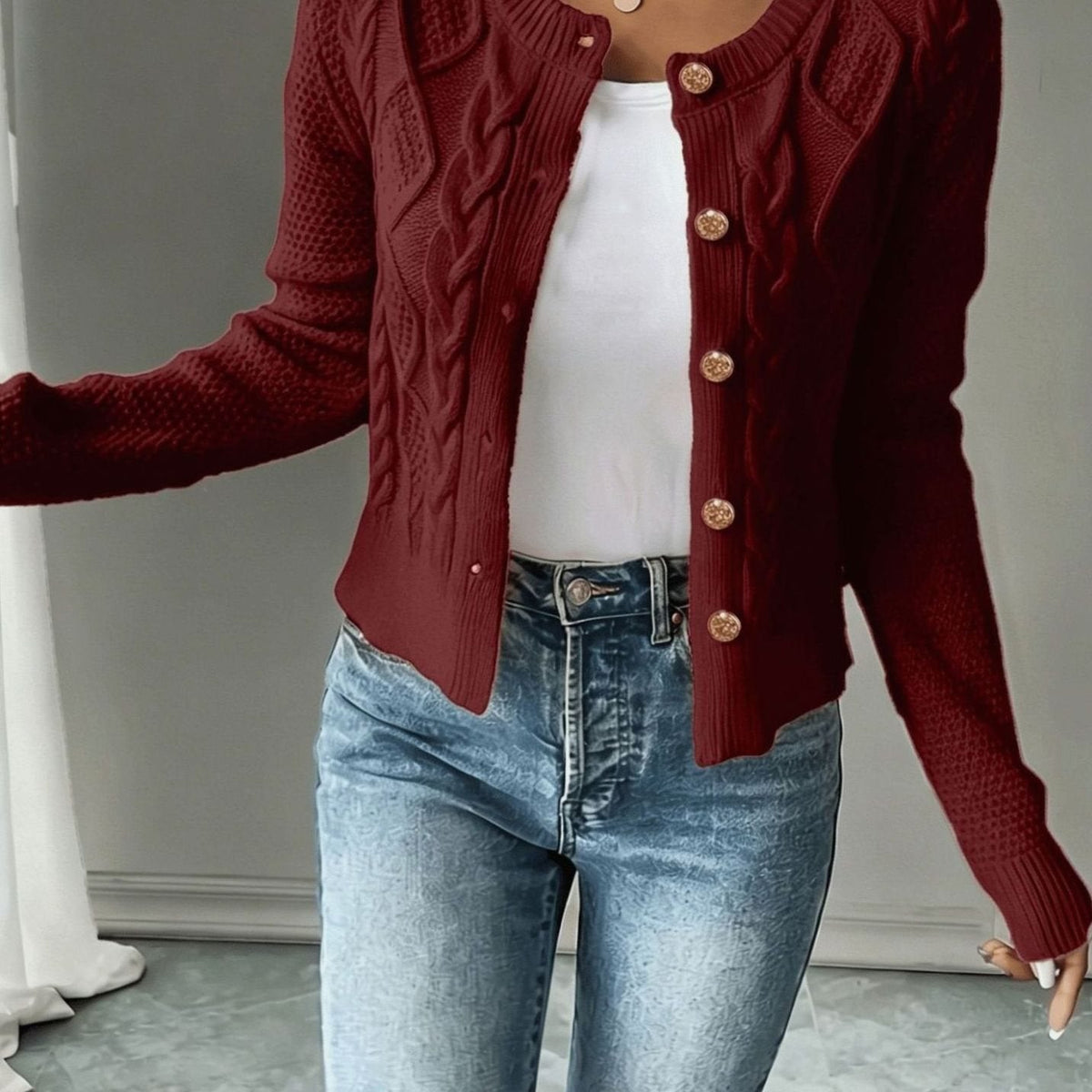 Chaqueta de punto corta para mujer con botones y ochos