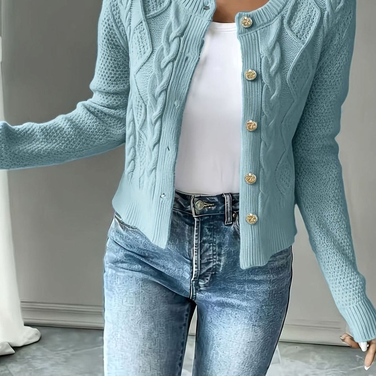 Chaqueta de punto corta para mujer con botones y ochos