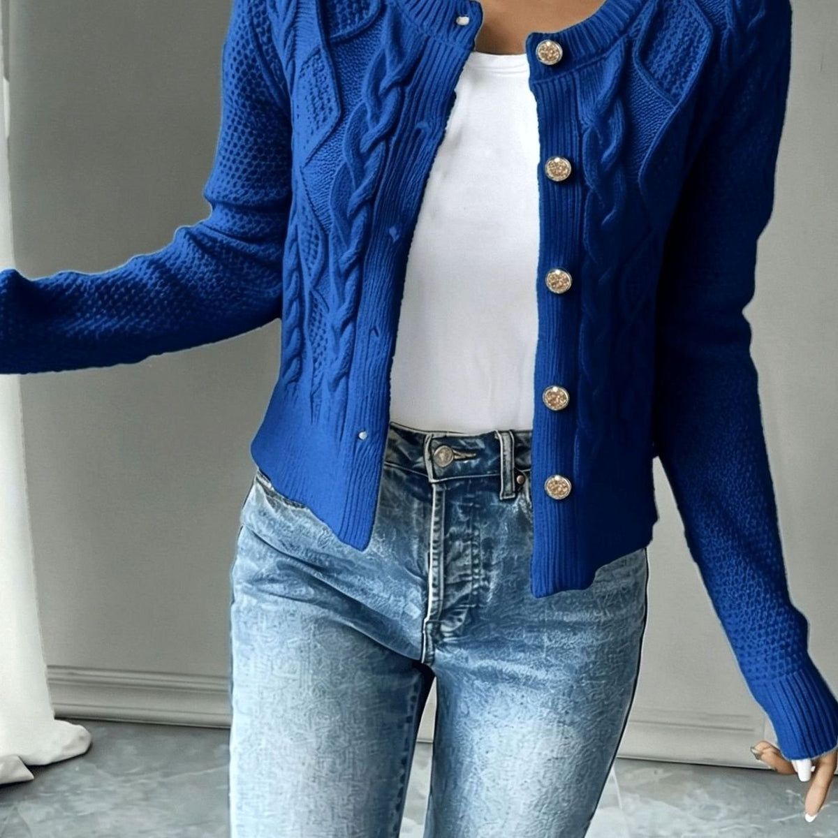 Chaqueta de punto corta para mujer con botones y ochos