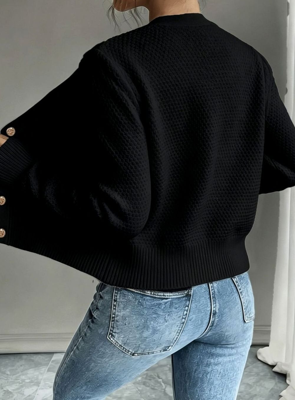 Chaqueta de punto corta para mujer con botones y ochos