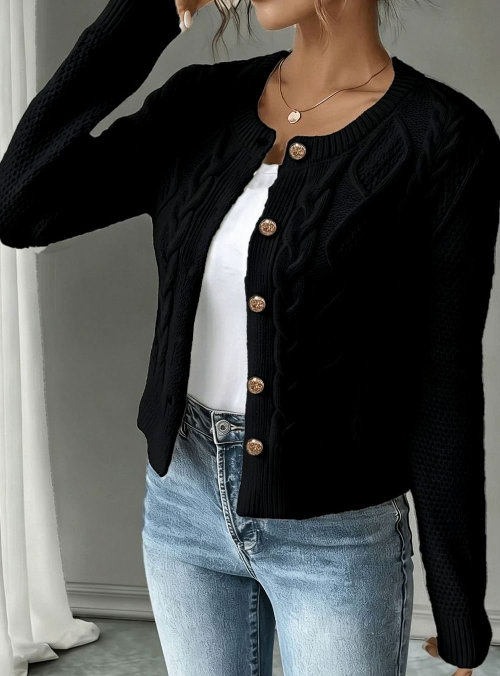 Chaqueta de punto corta para mujer con botones y ochos