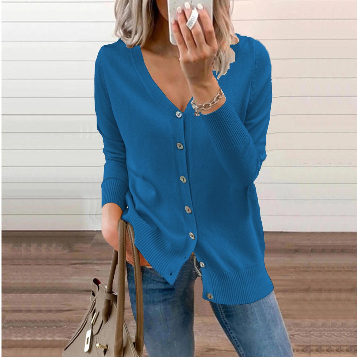 Chaqueta de punto para mujer con cuello de pico, manga larga y botones frontales