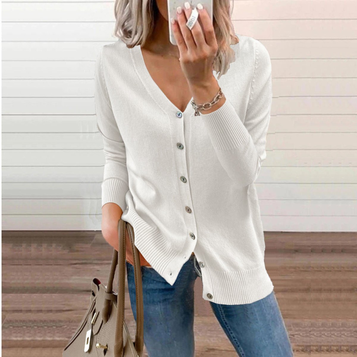 Chaqueta de punto para mujer con cuello de pico, manga larga y botones frontales