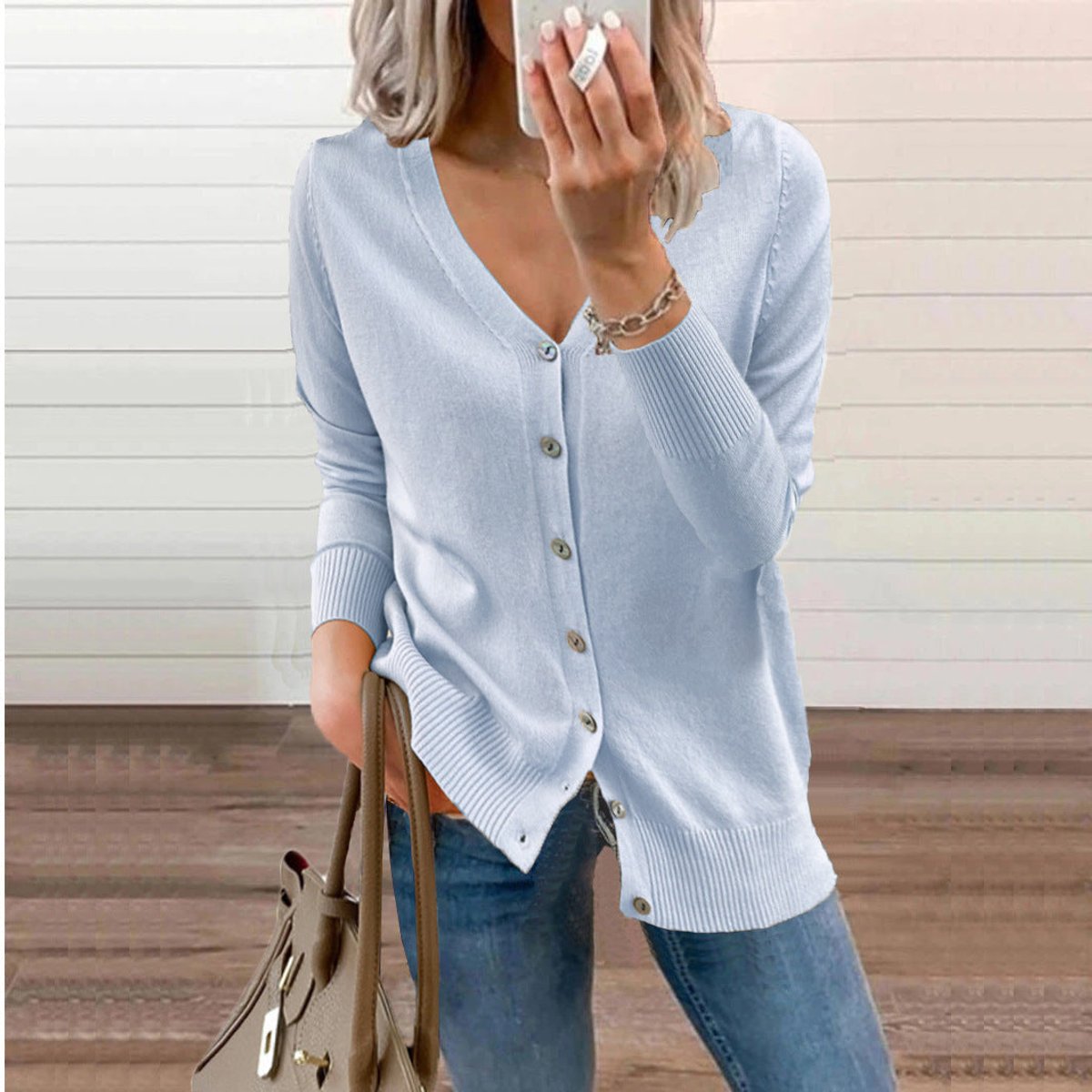 Chaqueta de punto para mujer con cuello de pico, manga larga y botones frontales