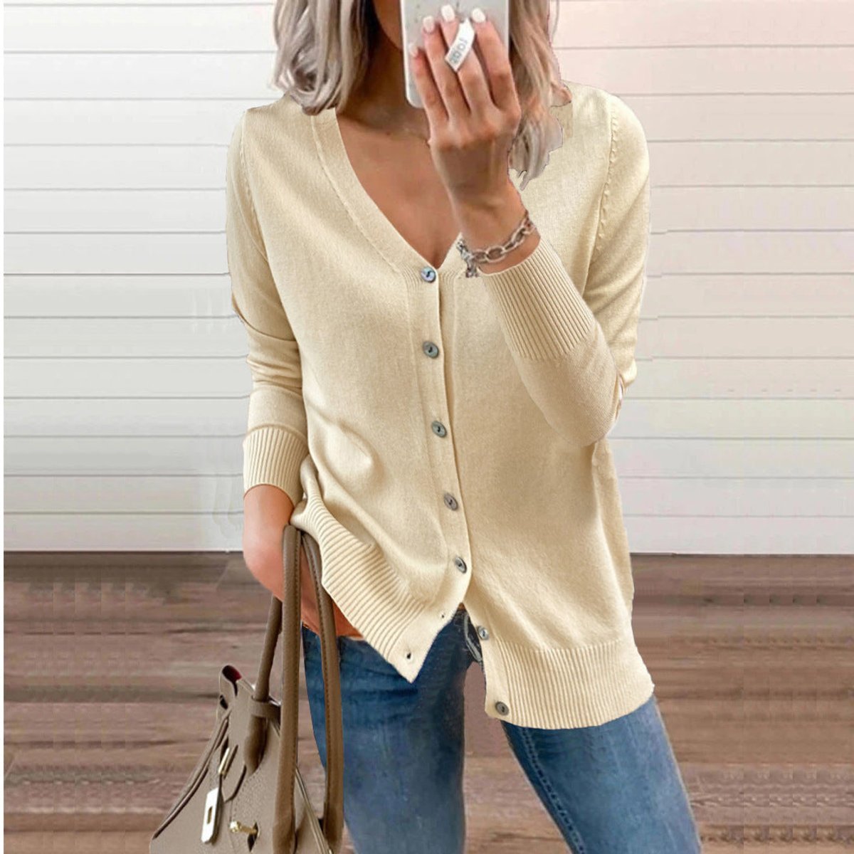 Chaqueta de punto para mujer con cuello de pico, manga larga y botones frontales