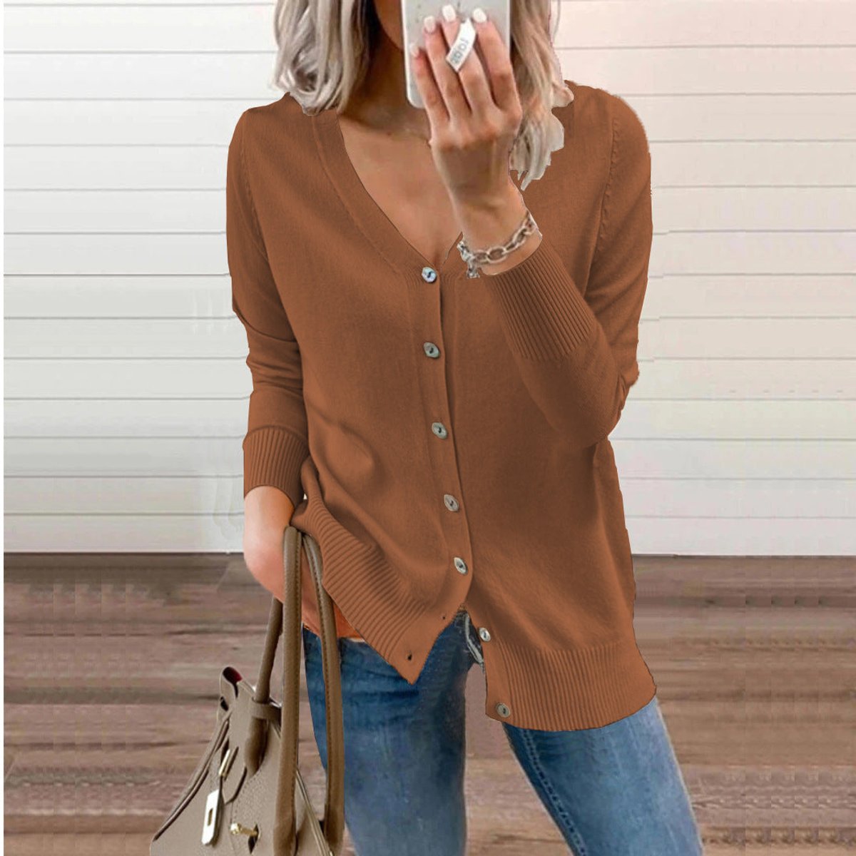 Chaqueta de punto para mujer con cuello de pico, manga larga y botones frontales