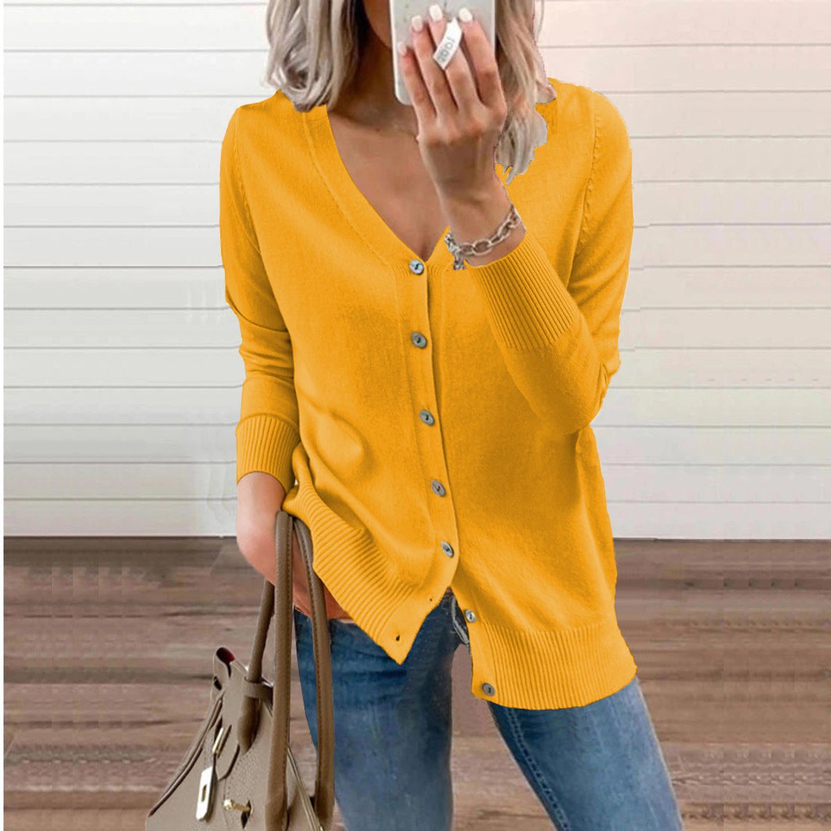 Chaqueta de punto para mujer con cuello de pico, manga larga y botones frontales