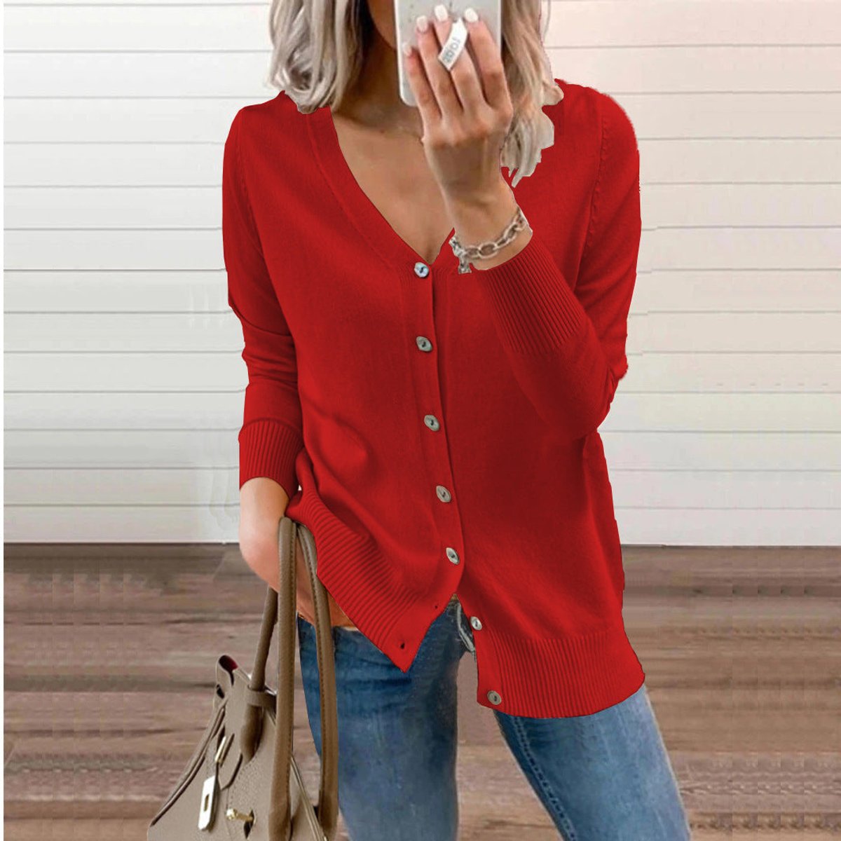 Chaqueta de punto para mujer con cuello de pico, manga larga y botones frontales