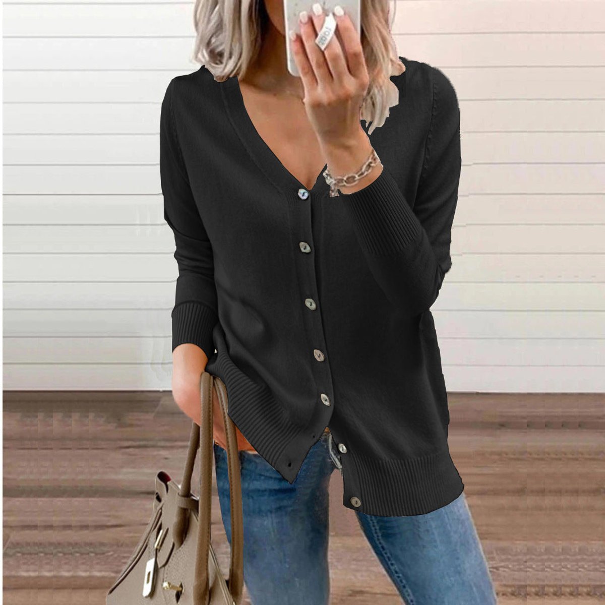 Chaqueta de punto para mujer con cuello de pico, manga larga y botones frontales