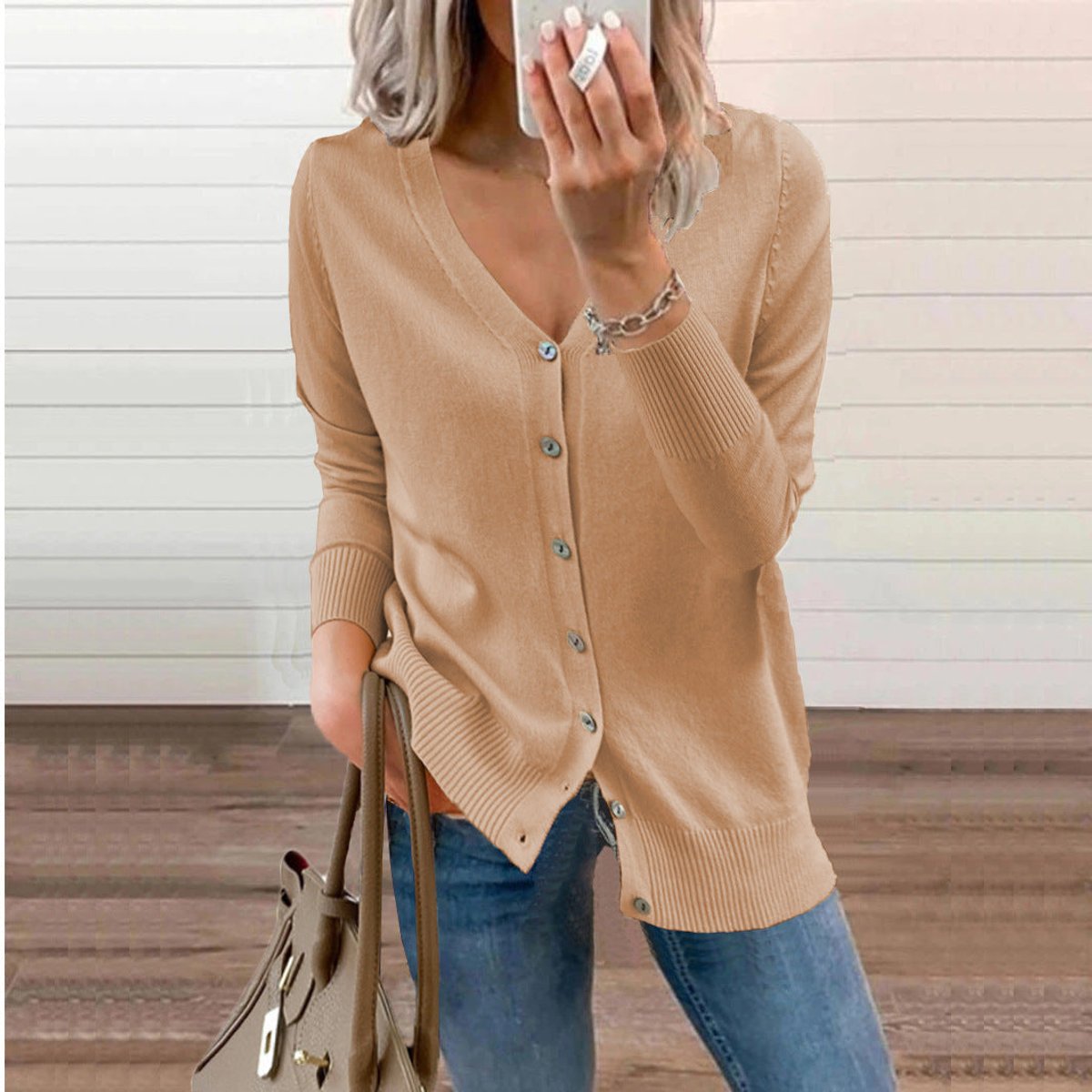 Chaqueta de punto para mujer con cuello de pico, manga larga y botones frontales
