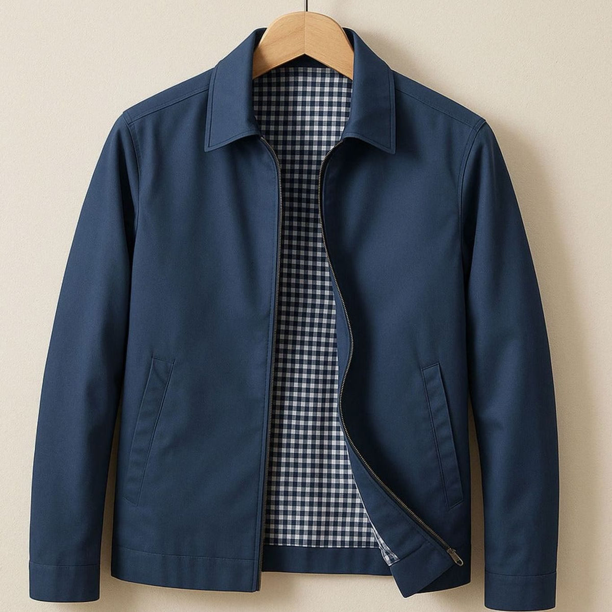 Chaqueta Harrington smart-casual para hombre con cremallera completa y forro de cuadros vichy
