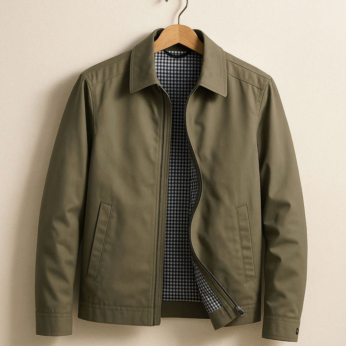 Chaqueta Harrington smart-casual para hombre con cremallera completa y forro de cuadros vichy