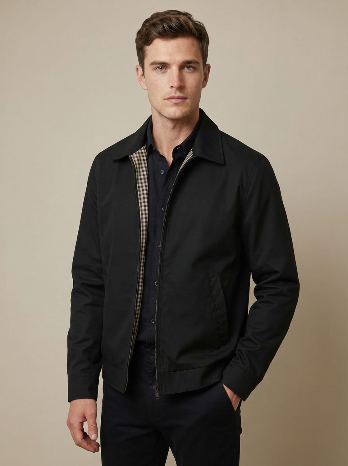 Chaqueta Harrington smart-casual para hombre con cremallera completa y forro de cuadros vichy