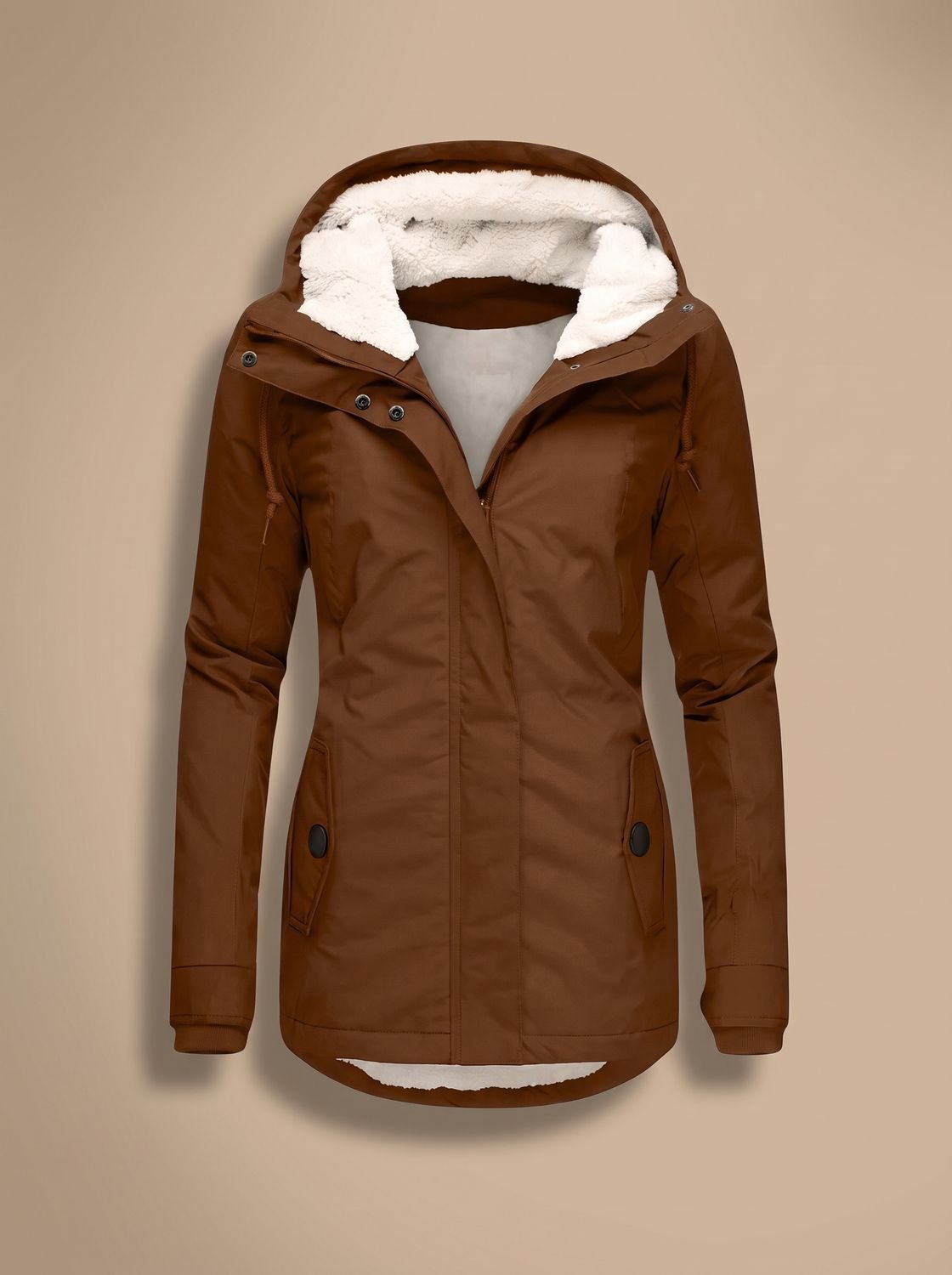 Chaqueta impermeable con capucha, cremallera y forro polar para mujer