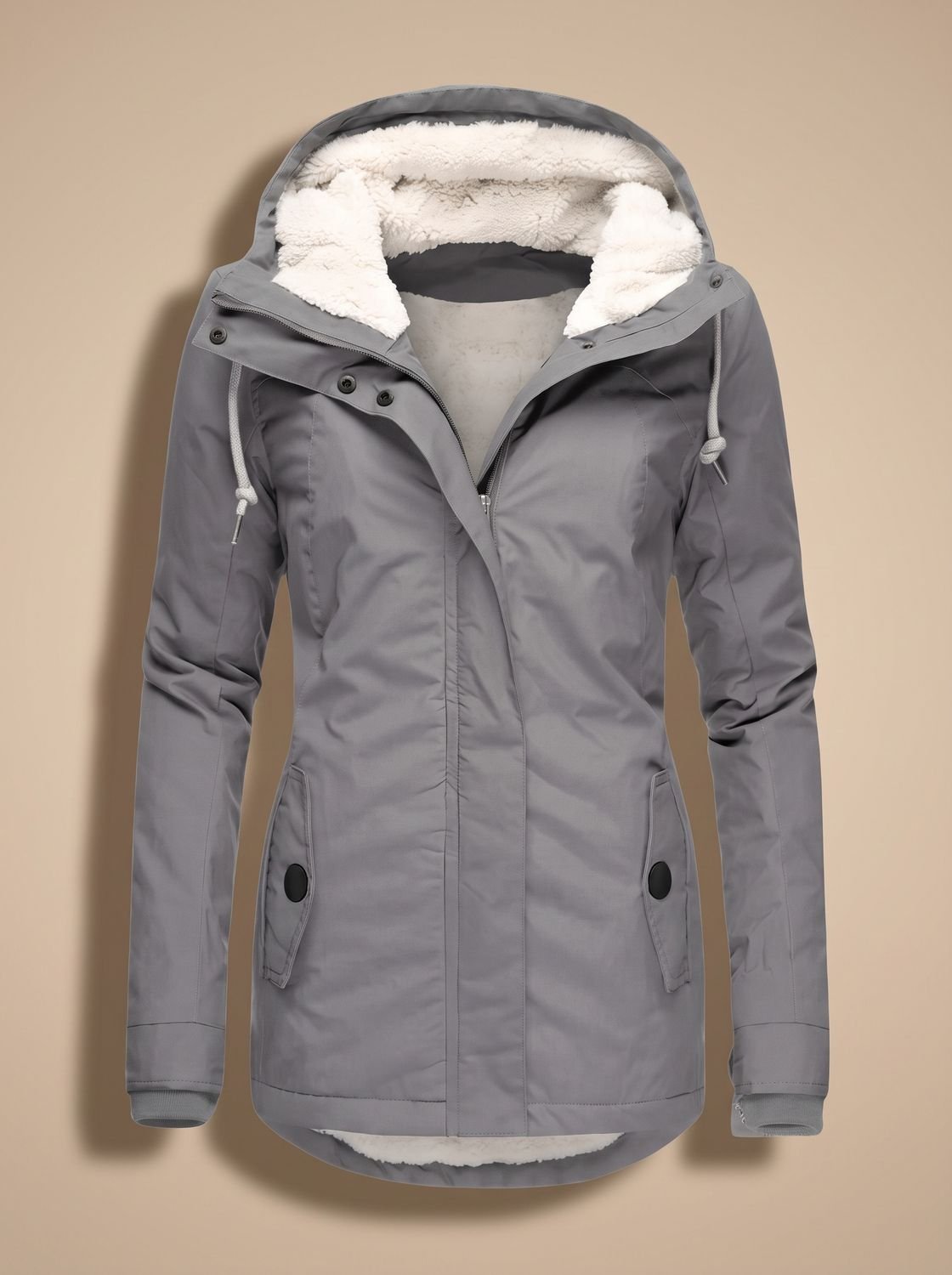 Chaqueta impermeable con capucha, cremallera y forro polar para mujer