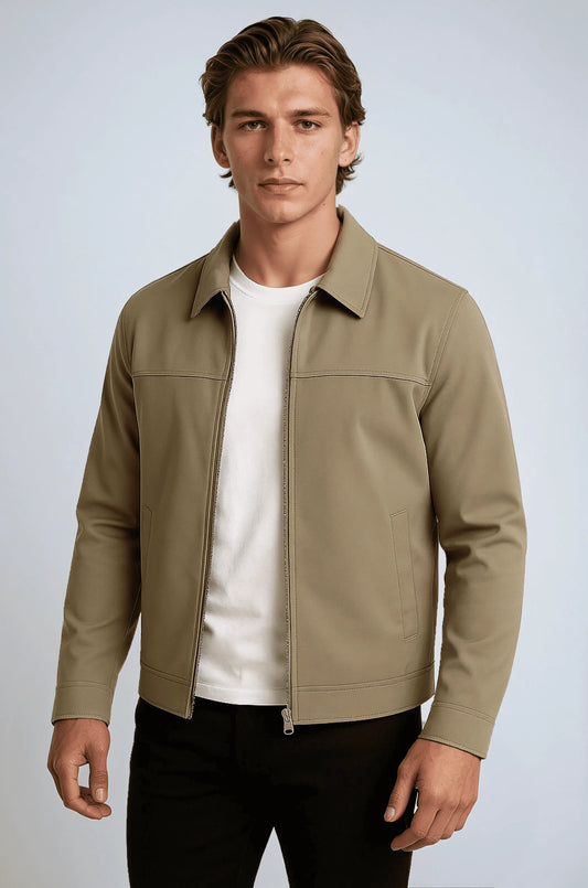 Chaqueta informal de color caqui con cuello clásico y suave forro de cuadros para hombre y mujer, ideal para clima cambiante