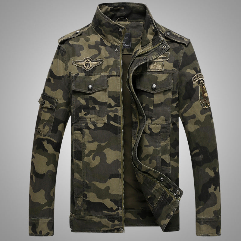 Chaqueta militar de camuflaje para hombre en lona resistente con hombreras, múltiples bolsillos y cuello alto