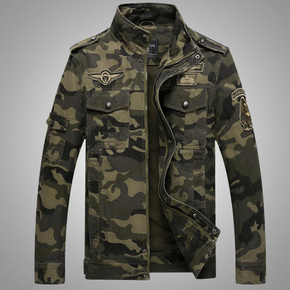 Chaqueta militar de camuflaje para hombre en lona resistente con hombreras, múltiples bolsillos y cuello alto