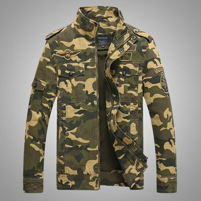 Chaqueta militar de camuflaje para hombre en lona resistente con hombreras, múltiples bolsillos y cuello alto