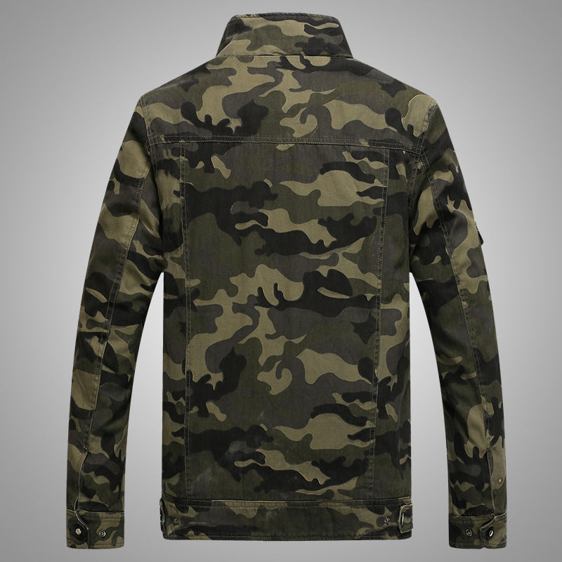 Chaqueta militar de camuflaje para hombre en lona resistente con hombreras, múltiples bolsillos y cuello alto