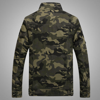 Chaqueta militar de camuflaje para hombre en lona resistente con hombreras, múltiples bolsillos y cuello alto