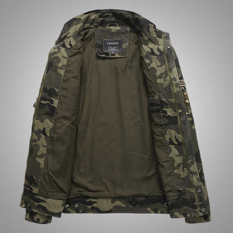 Chaqueta militar de camuflaje para hombre en lona resistente con hombreras, múltiples bolsillos y cuello alto