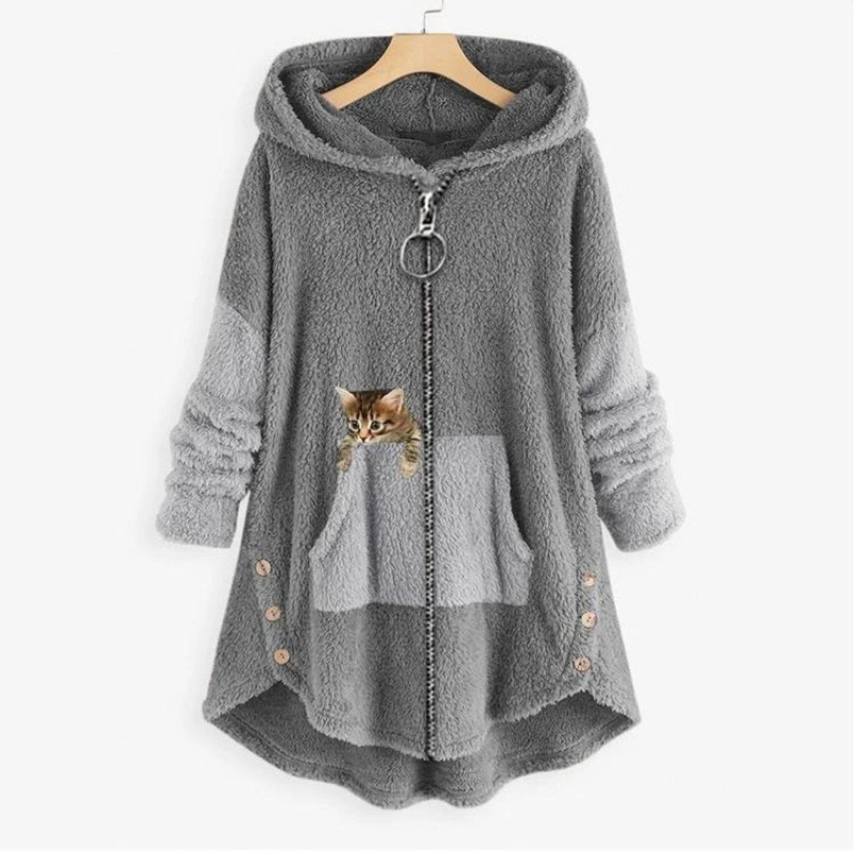Chaqueta polar de felpa para mujer con capucha, cremallera y bolsillo con diseño de gato
