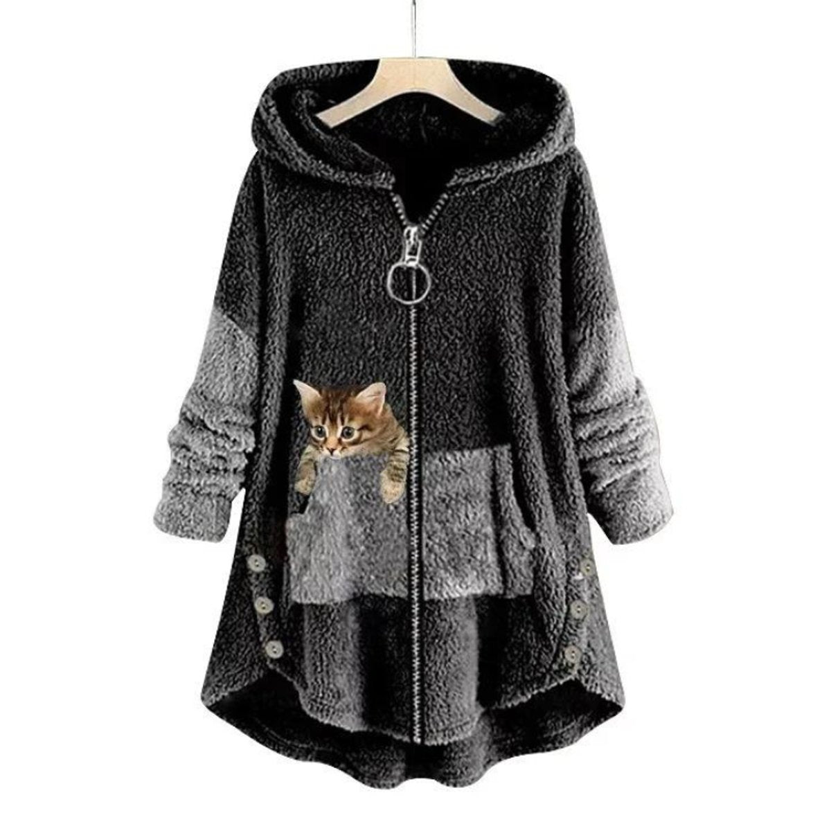 Chaqueta polar de felpa para mujer con capucha, cremallera y bolsillo con diseño de gato