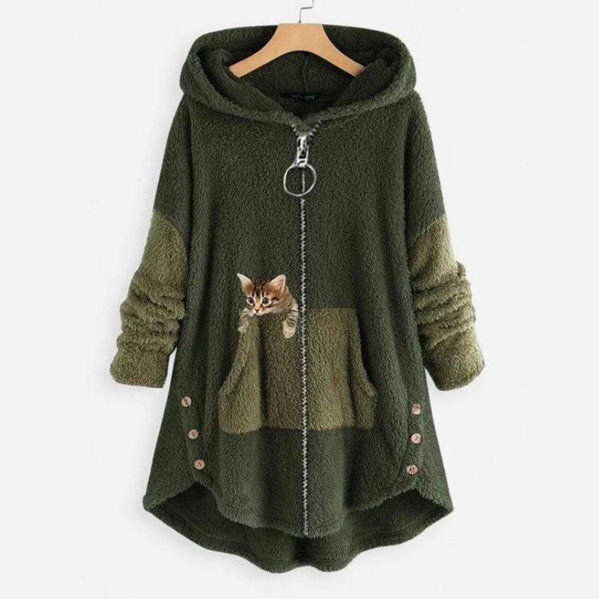 Chaqueta polar de felpa para mujer con capucha, cremallera y bolsillo con diseño de gato