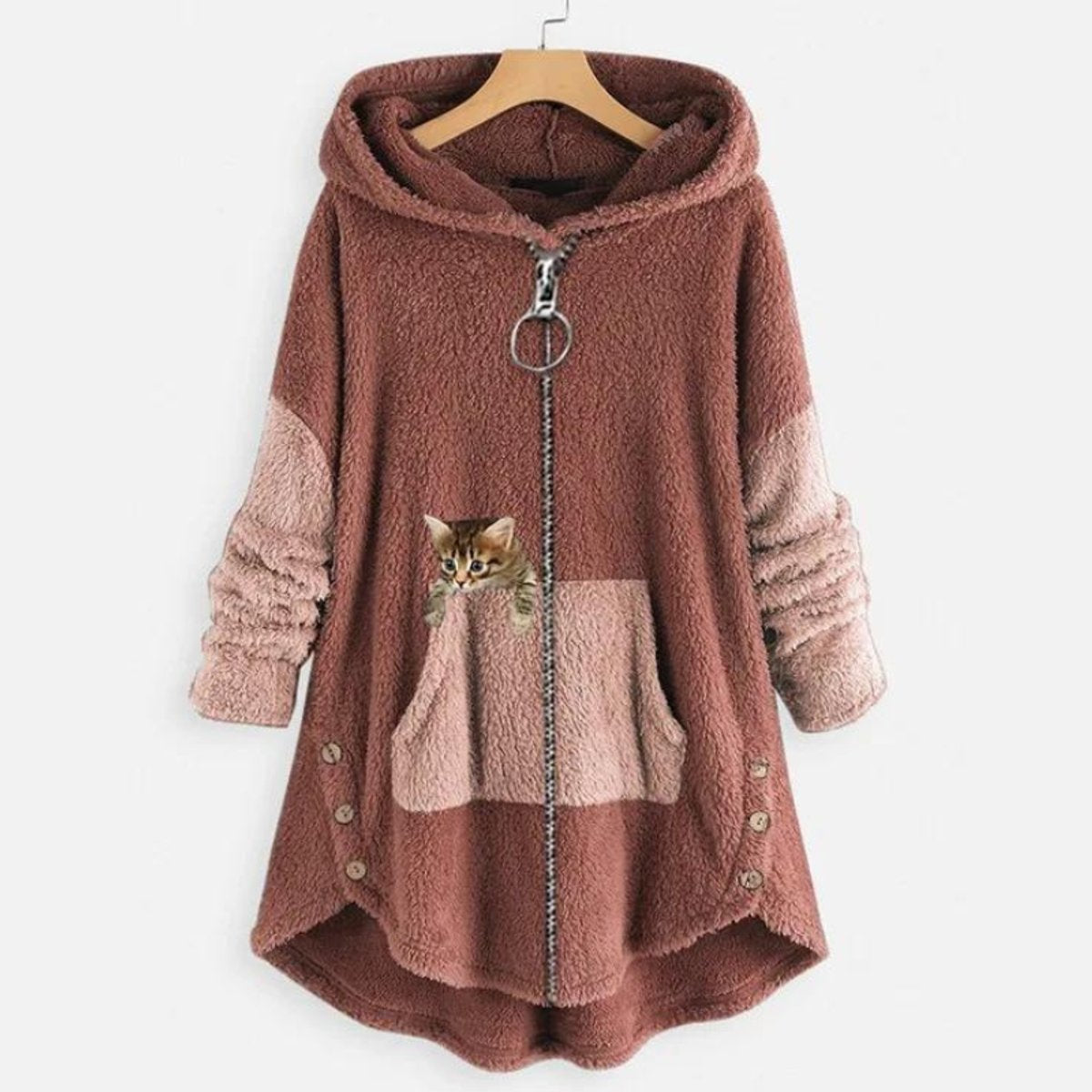 Chaqueta polar de felpa para mujer con capucha, cremallera y bolsillo con diseño de gato
