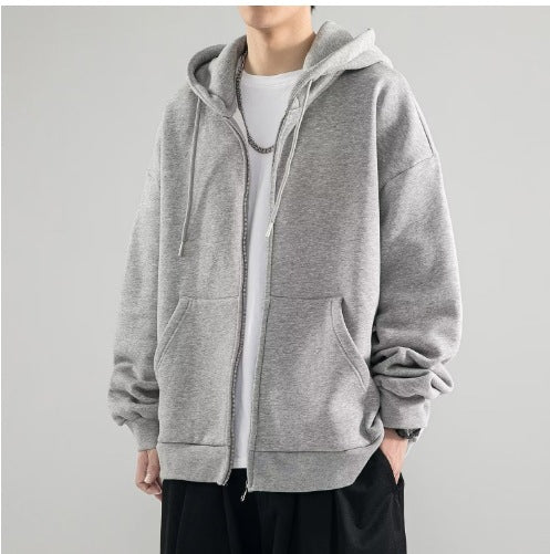 Chaqueta sudadera oversize con capucha de doble capa, cremallera completa y bolsillos canguro para hombre