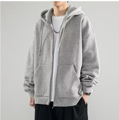 Chaqueta sudadera oversize con capucha de doble capa, cremallera completa y bolsillos canguro para hombre