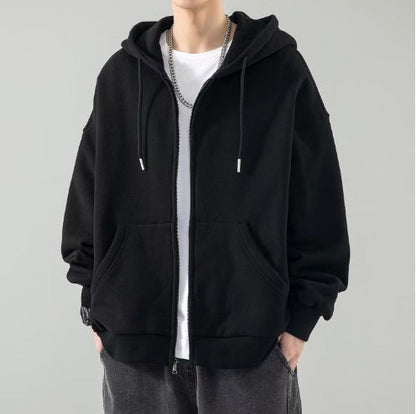 Chaqueta sudadera oversize con capucha de doble capa, cremallera completa y bolsillos canguro para hombre