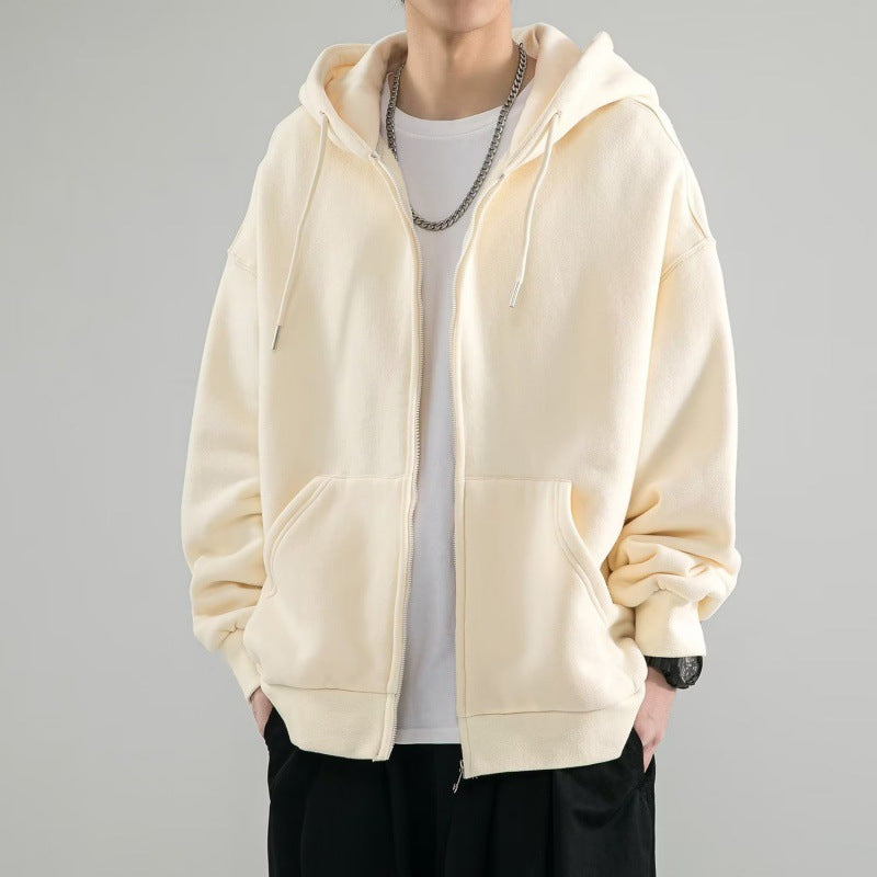 Chaqueta sudadera oversize con capucha de doble capa, cremallera completa y bolsillos canguro para hombre