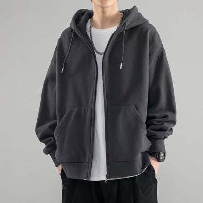 Chaqueta sudadera oversize con capucha de doble capa, cremallera completa y bolsillos canguro para hombre