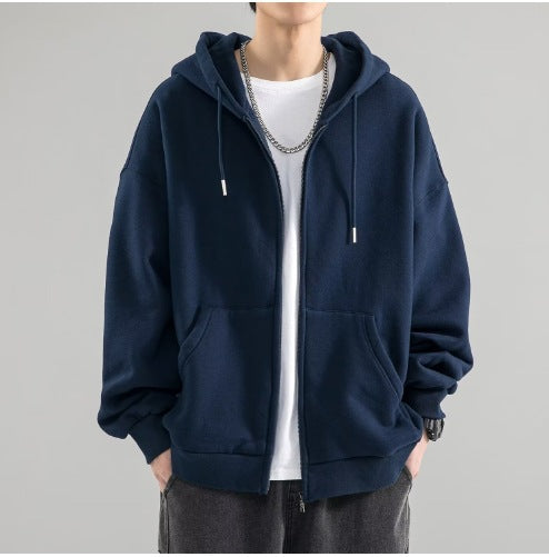 Chaqueta sudadera oversize con capucha de doble capa, cremallera completa y bolsillos canguro para hombre