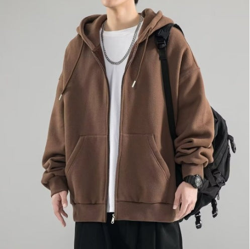 Chaqueta sudadera oversize con capucha de doble capa, cremallera completa y bolsillos canguro para hombre