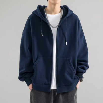 Chaqueta sudadera oversize con capucha de doble capa, cremallera completa y bolsillos canguro para hombre