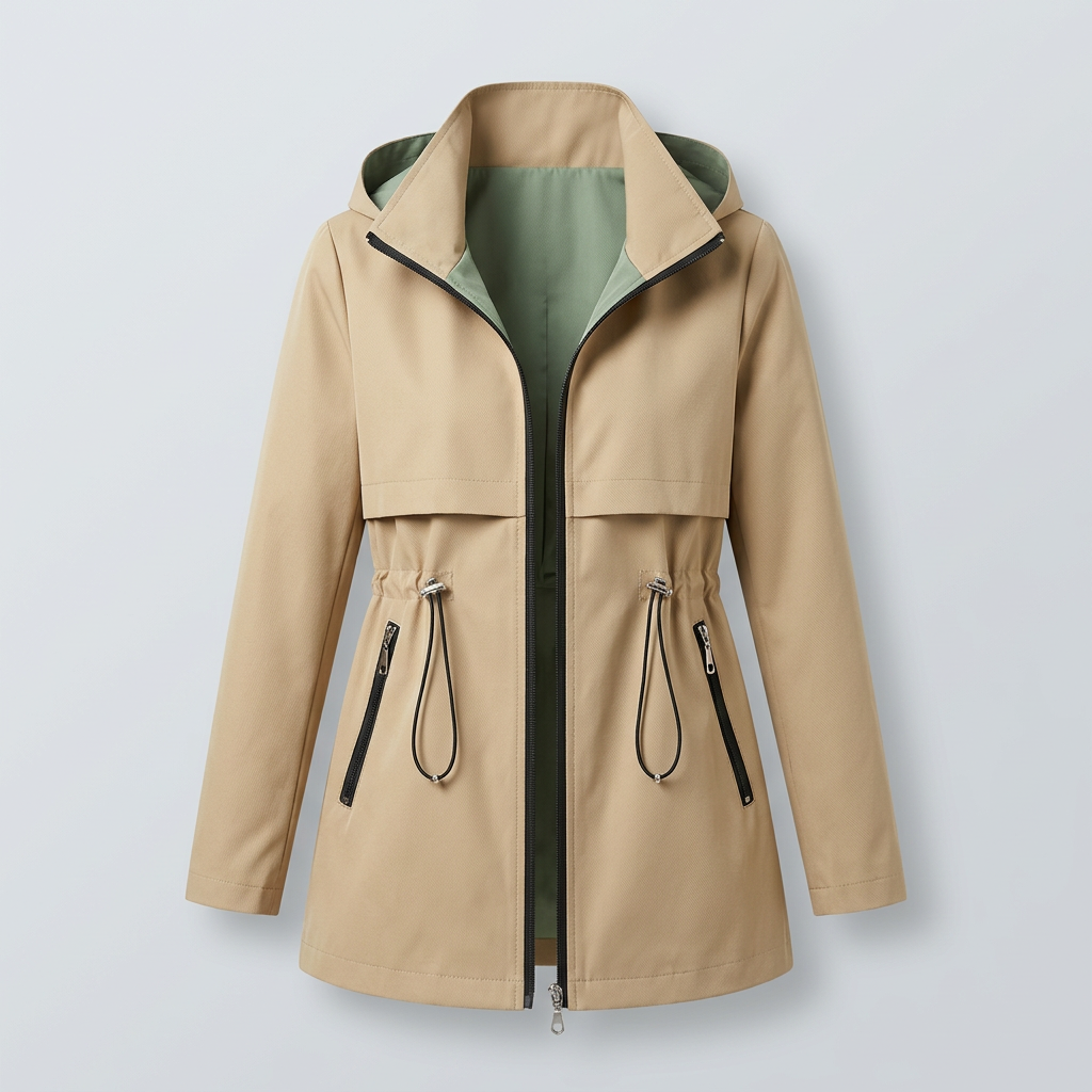Chaqueta tipo gabardina con capucha para mujer, forro en contraste y bolsillos con cremallera
