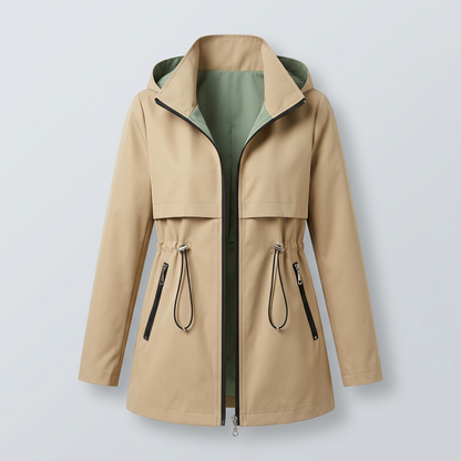 Chaqueta tipo gabardina con capucha para mujer, forro en contraste y bolsillos con cremallera