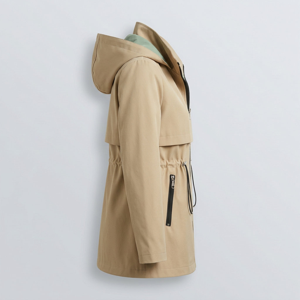 Chaqueta tipo gabardina con capucha para mujer, forro en contraste y bolsillos con cremallera
