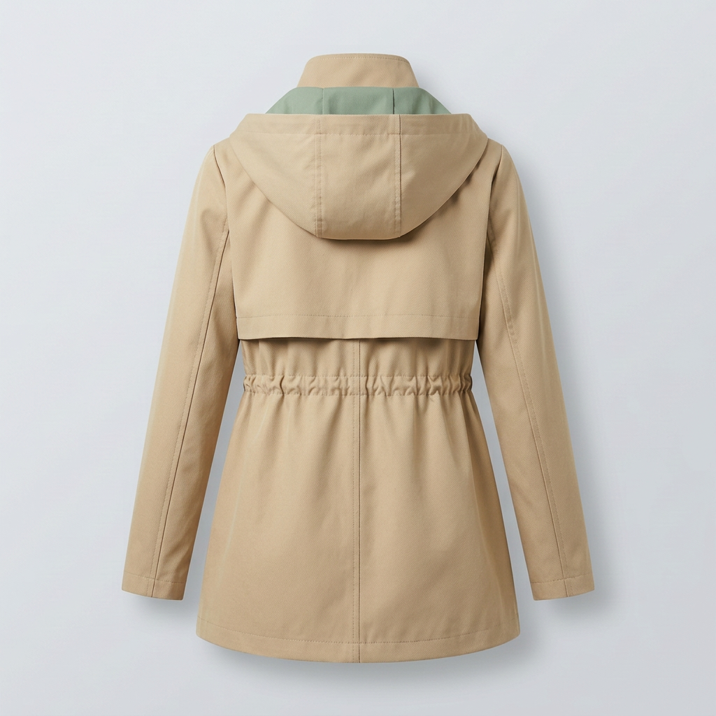 Chaqueta tipo gabardina con capucha para mujer, forro en contraste y bolsillos con cremallera