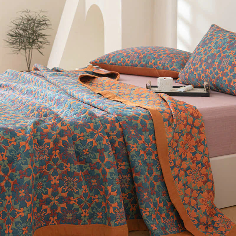 Colcha de Algodón de Seis Capas con Patrón Naranja y Azul - TerraLoom