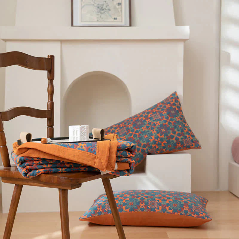 Colcha de Algodón de Seis Capas con Patrón Naranja y Azul - TerraLoom