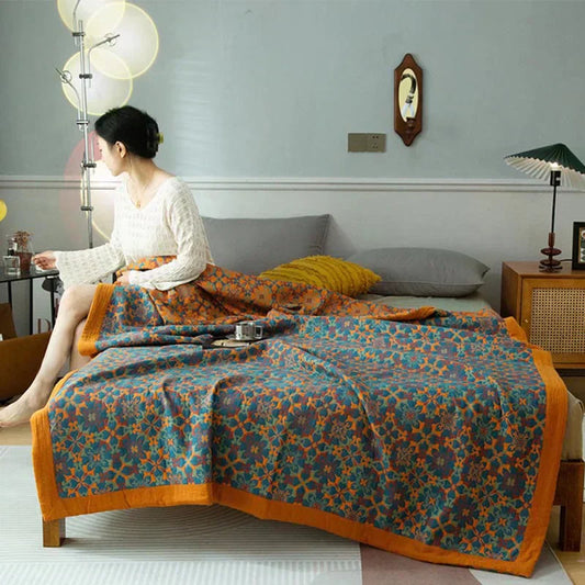 Colcha de Algodón de Seis Capas con Patrón Naranja y Azul - TerraLoom