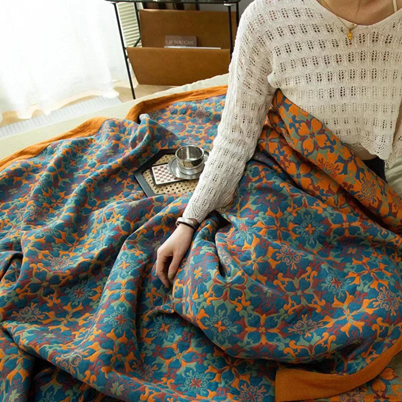 Colcha de Algodón de Seis Capas con Patrón Naranja y Azul - TerraLoom