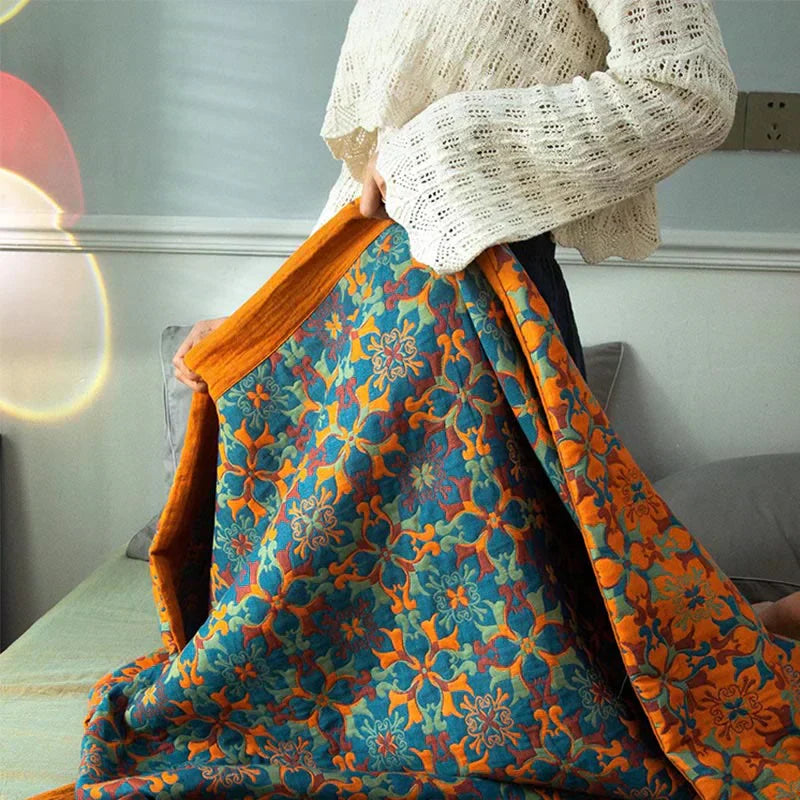 Colcha de Algodón de Seis Capas con Patrón Naranja y Azul - TerraLoom