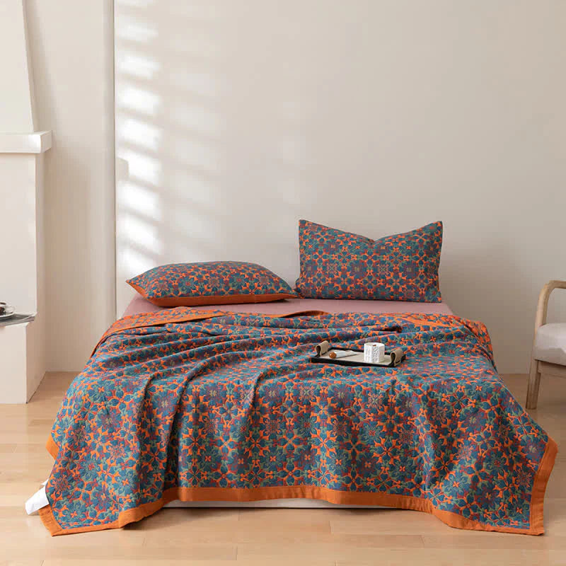 Colcha de Algodón de Seis Capas con Patrón Naranja y Azul - TerraLoom