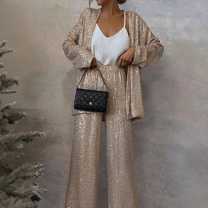 Conjunto brillante de blazer y pantalón de lentejuelas