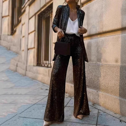 Conjunto brillante de blazer y pantalón de lentejuelas